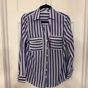 New York & Company Navy and White Striped Button Down Blouse - M